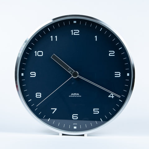 aira clock navy dial silver metal case